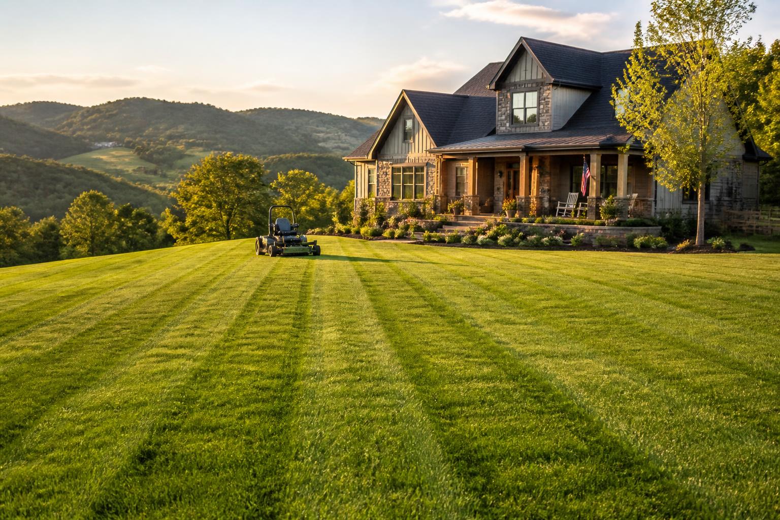Freshly mowed lawn with crisp stripes in front of an East Tennessee home